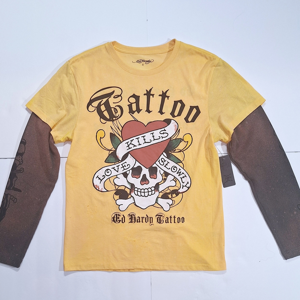 Ed Hardy Yellow and Brown Tattoo Graphic Shirt